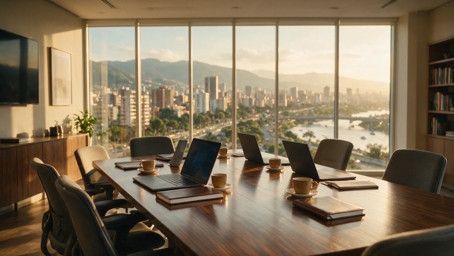 Sala de reuniones de MP Global, lista para el equipo, con vista a una ciudad de Latinoamérica