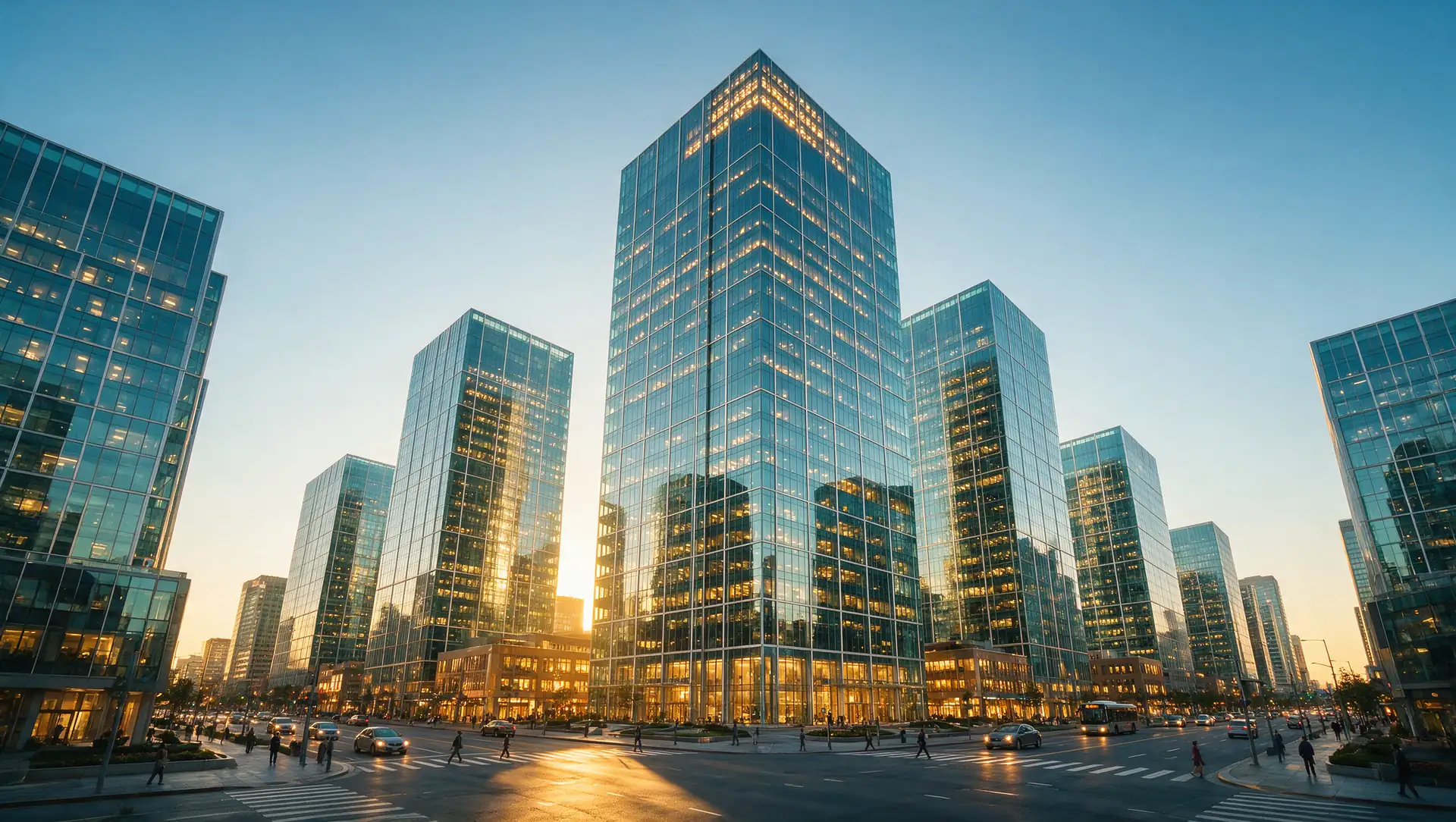 Torres corporativas de vidrio en un distrito financiero al atardecer
