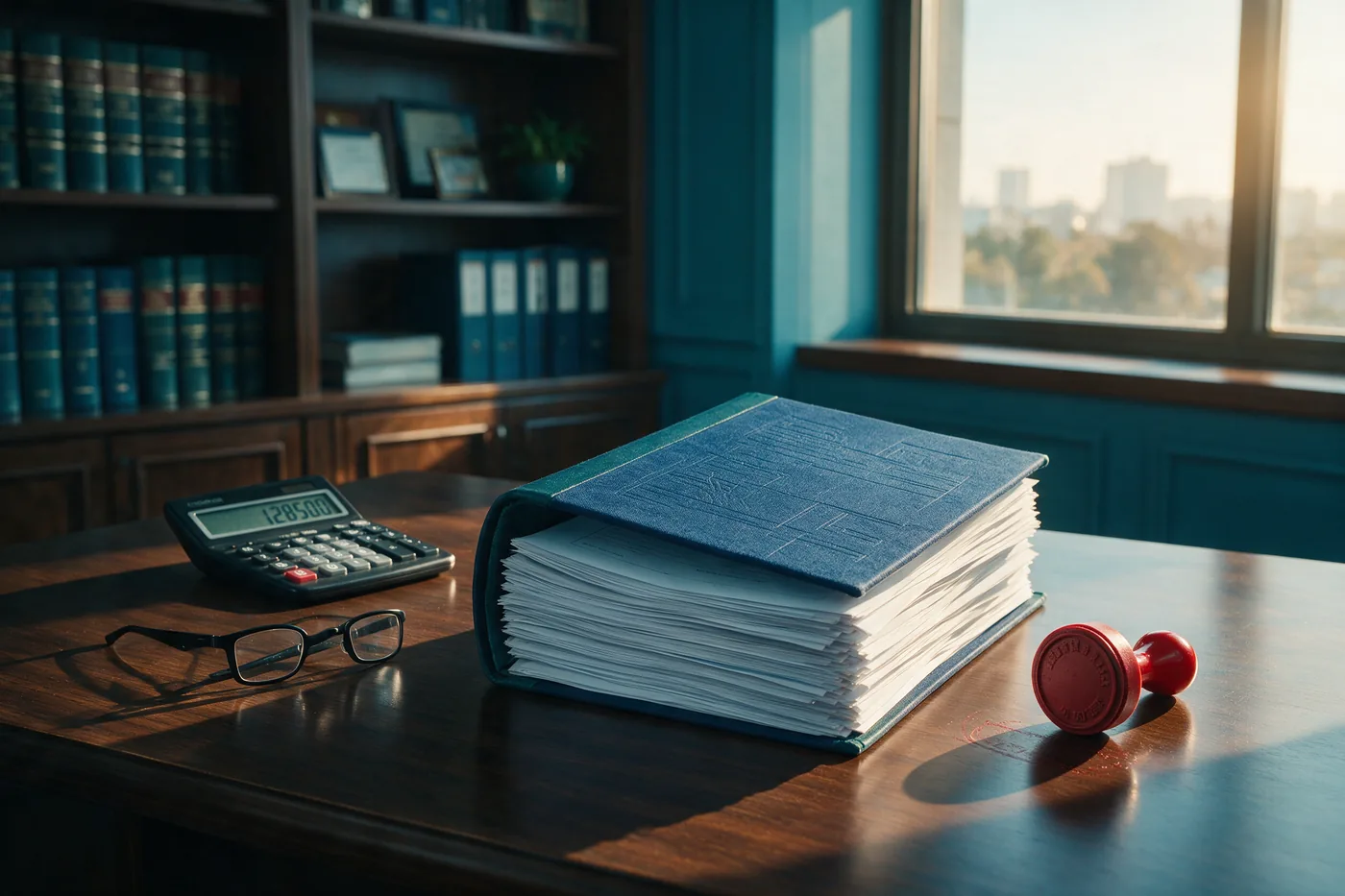 Escritorio con documentos de cumplimiento laboral apilados, un sello oficial rojo, calculadora y lentes