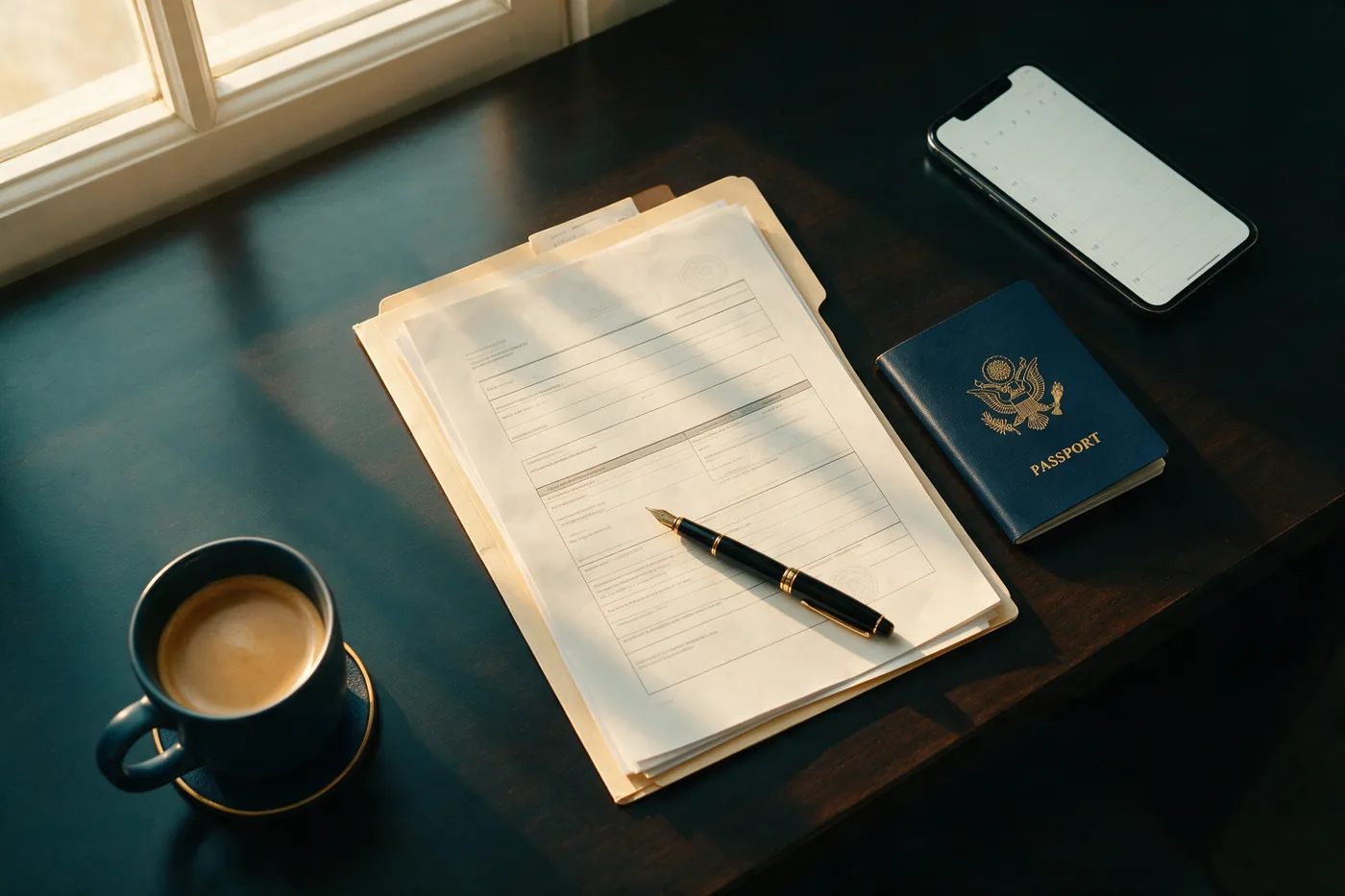 Escritorio con carpeta de documentos migratorios, pasaporte, pluma y café, luz cálida de tarde